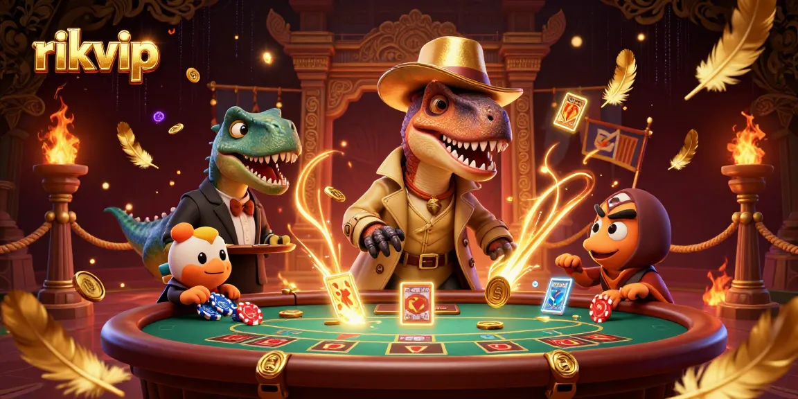 Engage with rikvip's thrilling scene at a blackjack table featuring a velociraptor card counter, stegosaurus pit boss, and a sneaky compy.
