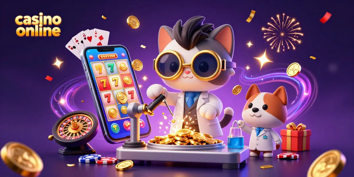 Gioca casino online con una scena animata di un gatto scienziato e un cane assistente, circondati da giochi e monete d'oro.