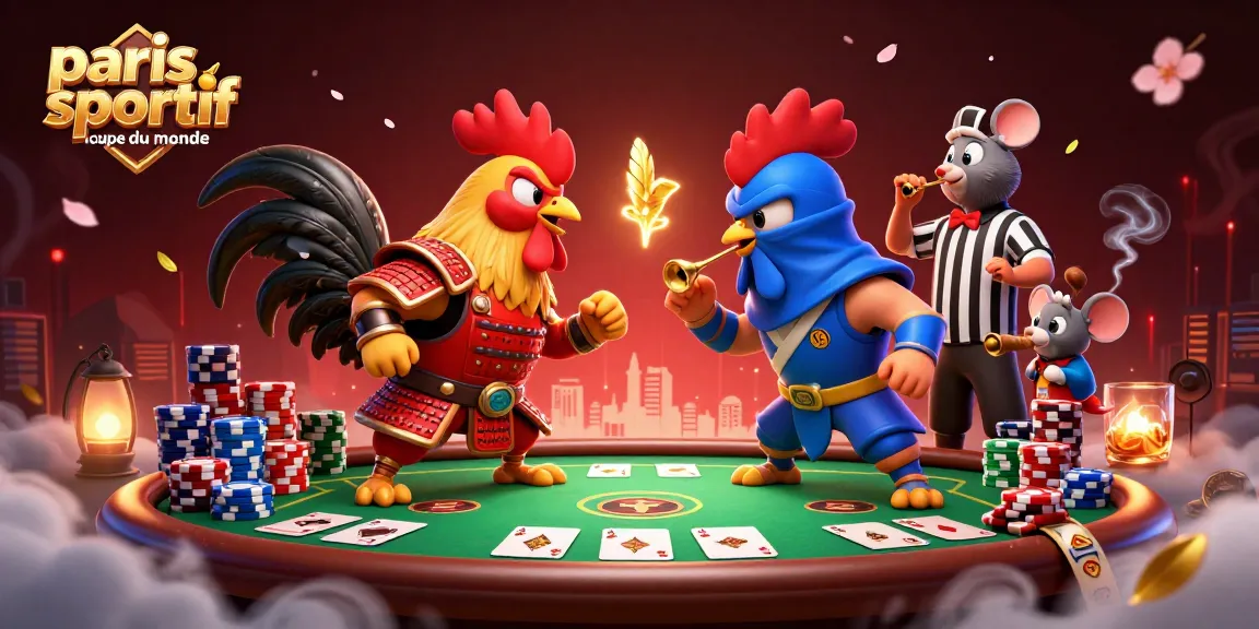 Les coqs en samouraï et ninja s'affrontent sur un poker autour des paris sportifs coupe du monde.