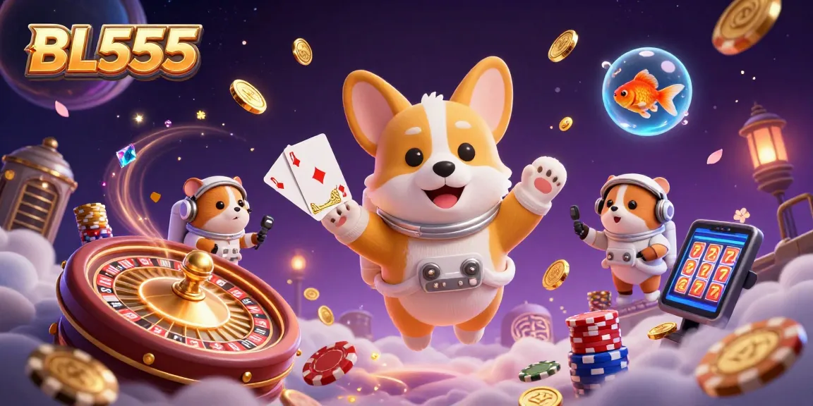 BL555 captivates players with floating coins and vibrant characters in a cosmic casino adventure.