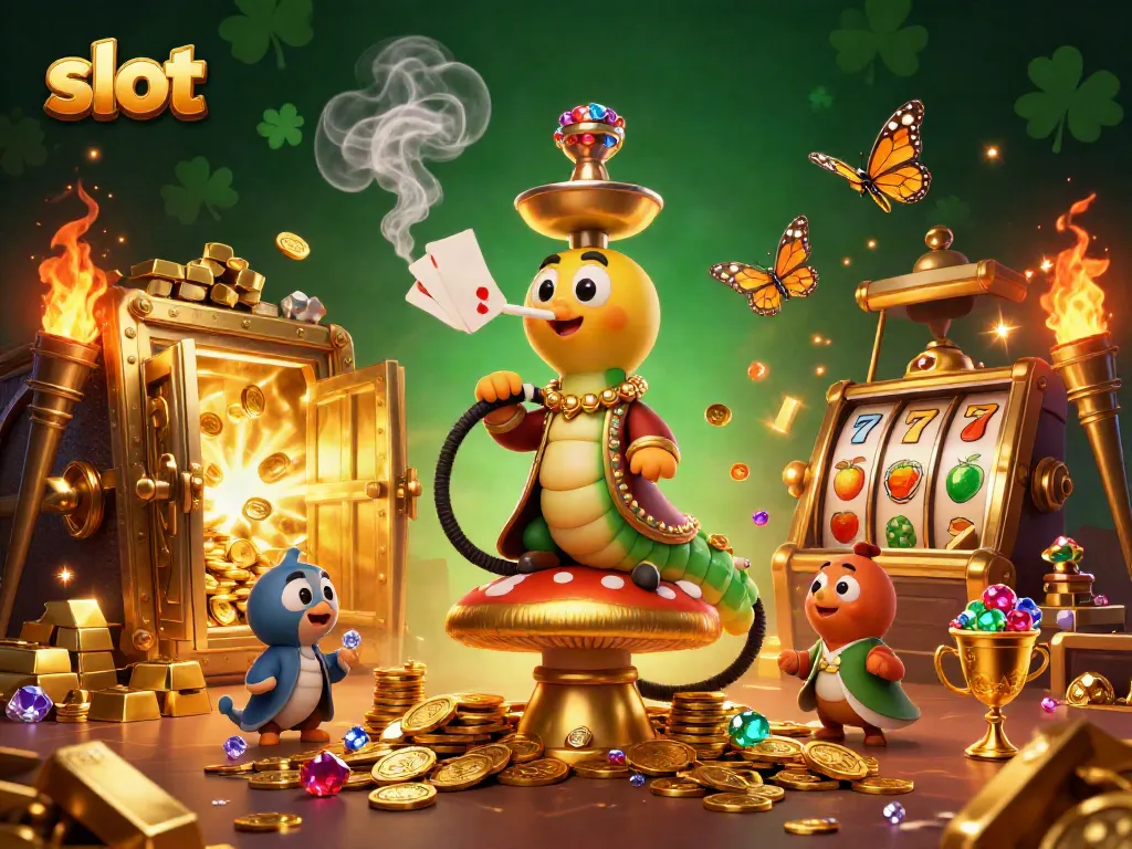 Experience enchanting slot adventures with a lavish 3D casino illustration featuring a whimsical caterpillar and treasures.
