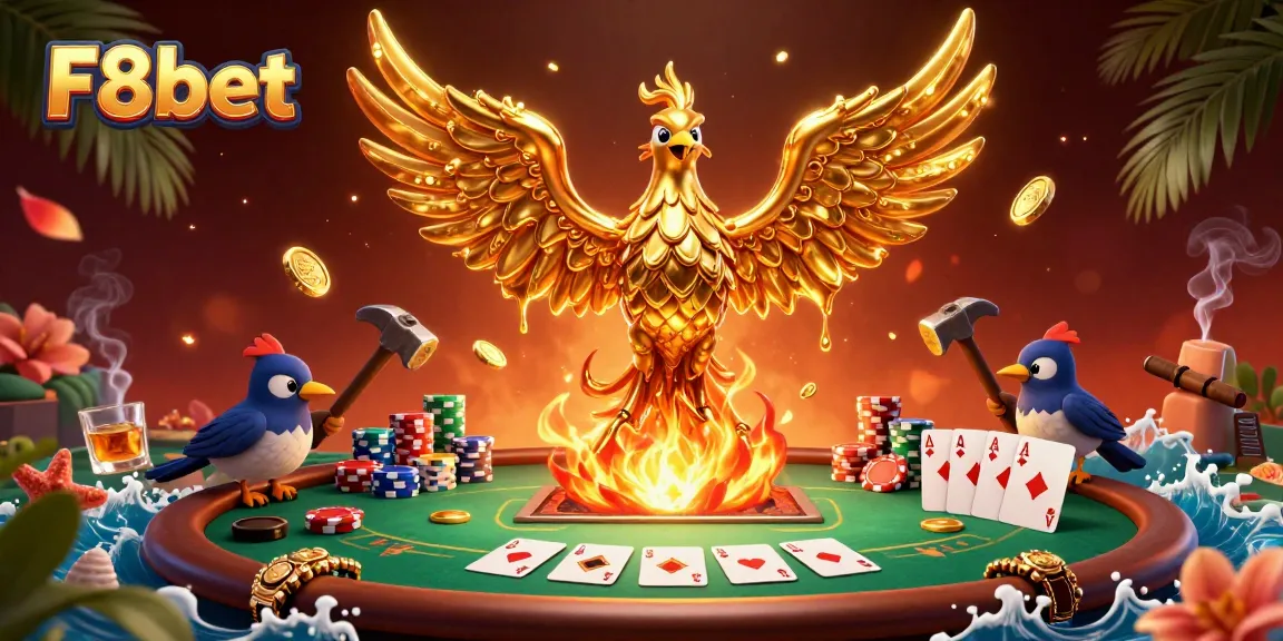 Experience the thrilling world of F8bet as a molten phoenix emerges, surrounded by poker elements and vibrant decorations.