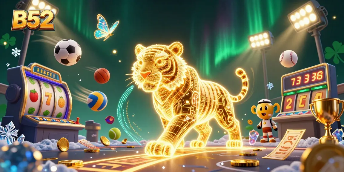 Experience thrilling gameplay at B52 Casino as a golden tiger roams a jackpot landscape filled with excitement.
