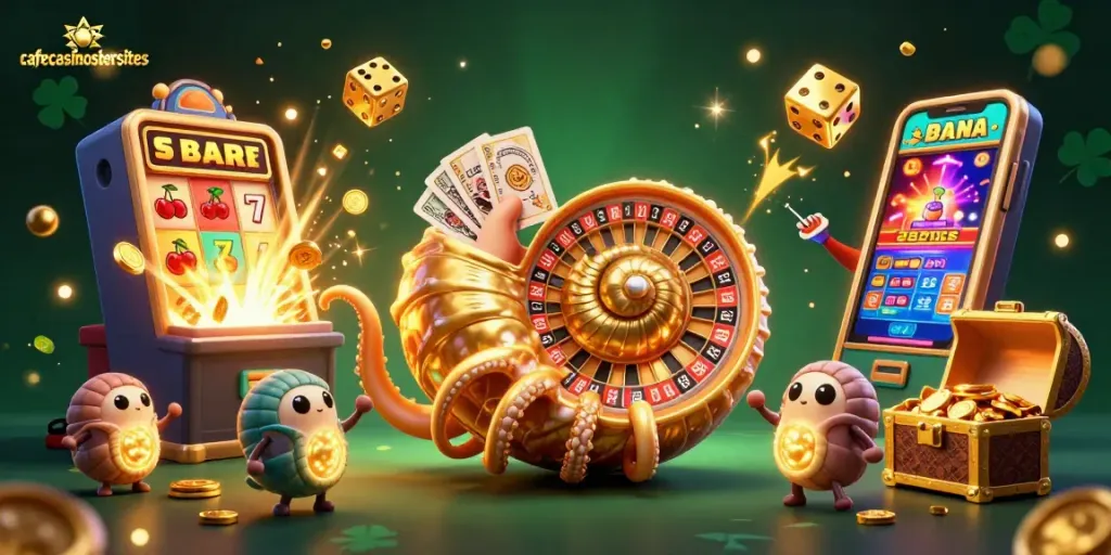 Engage with cafecasinosistersites through vibrant 3D casino illustration featuring games and rewards.
