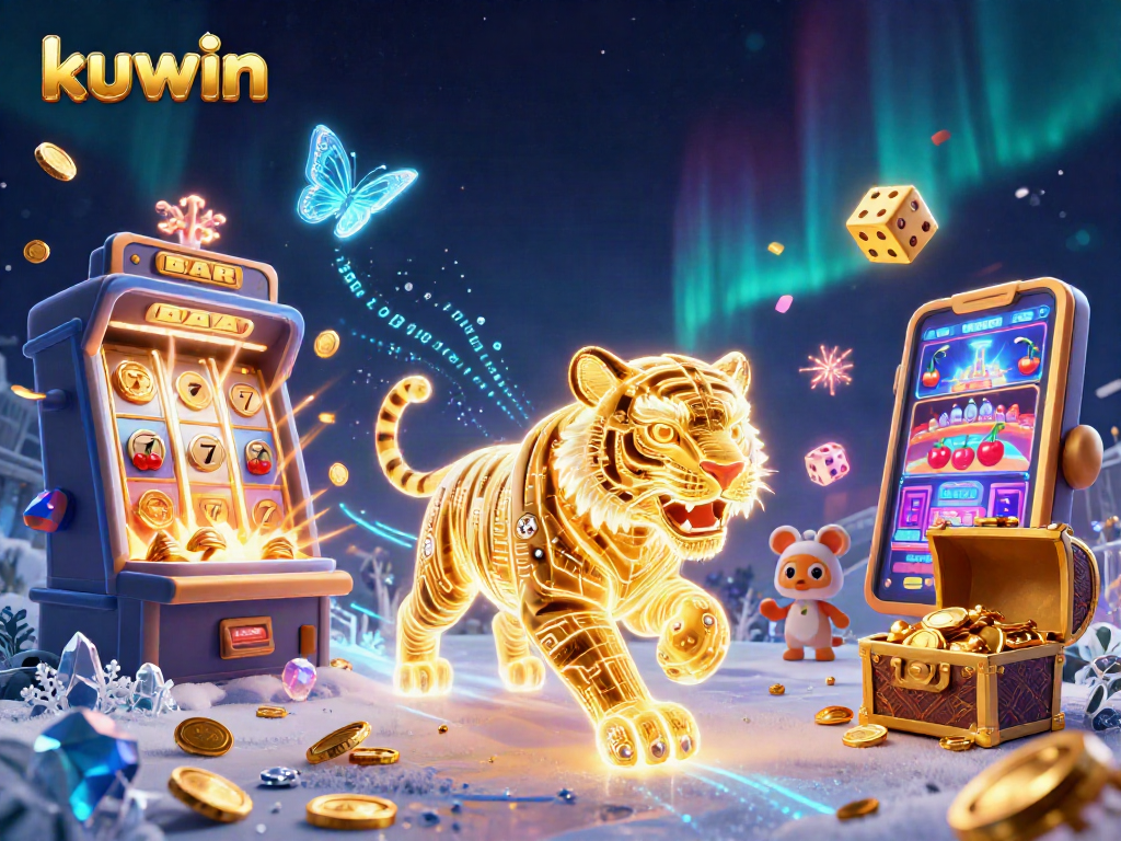 Kuwin showcases a golden tiger in a vibrant casino landscape, bursting with slot machine gems and exciting game elements.