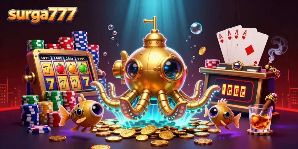 Experience the thrill of surga777 with vibrant slot reels and a golden kraken submarine.