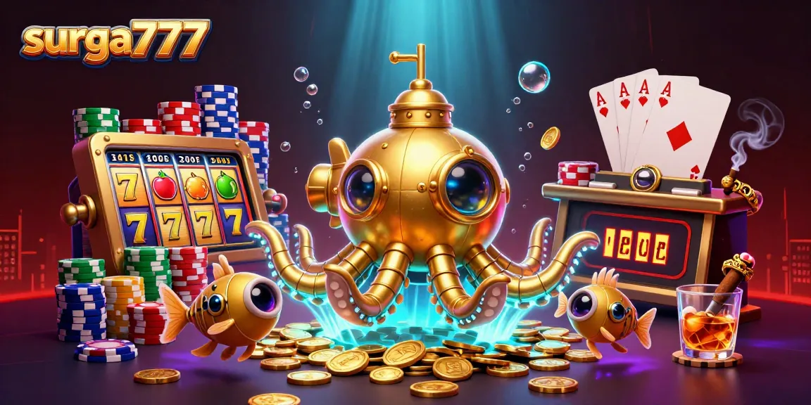 Experience the thrill of surga777 with vibrant slot reels and a golden kraken submarine.