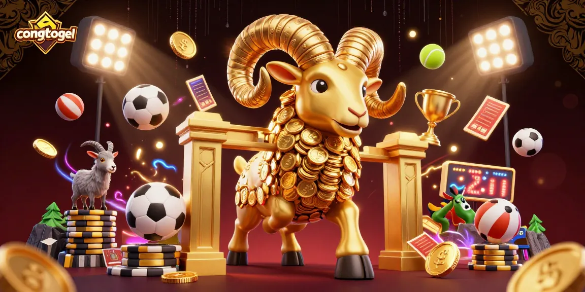 Engage in congtogel gaming with an epic scene illustrating victorious moments, sports balls, and golden elements.