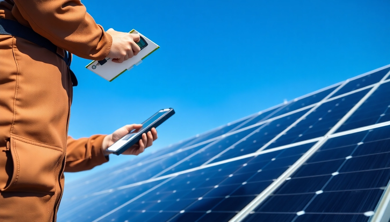 Technician performing commercial solar maintenance New Jersey on rooftop solar panels, ensuring optimal performance.