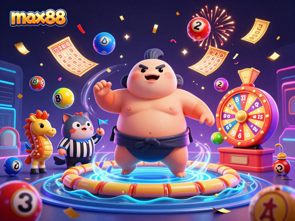Engage with max88's vibrant lottery scene featuring a fugu in a sumo belt, catfish referee, and seahorses!
