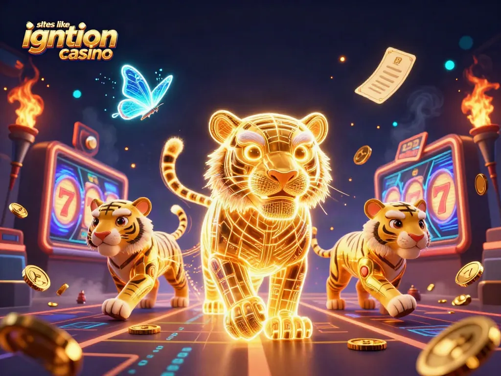 Engage with sites like ignition casino through this dynamic 3D casino scene featuring a neon golden tiger.