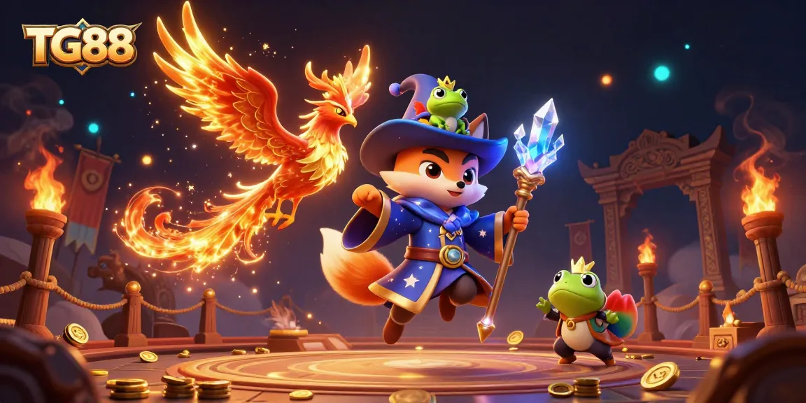 TG88 offers exciting gaming experiences with a mystical wizard fox, phoenix, and vibrant casino elements.