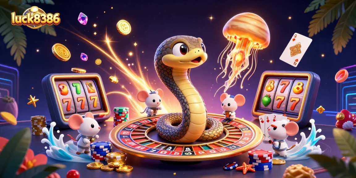 Engage in thrilling gameplay with luck8386's vibrant cosmic casino illustration featuring dynamic slot reels.