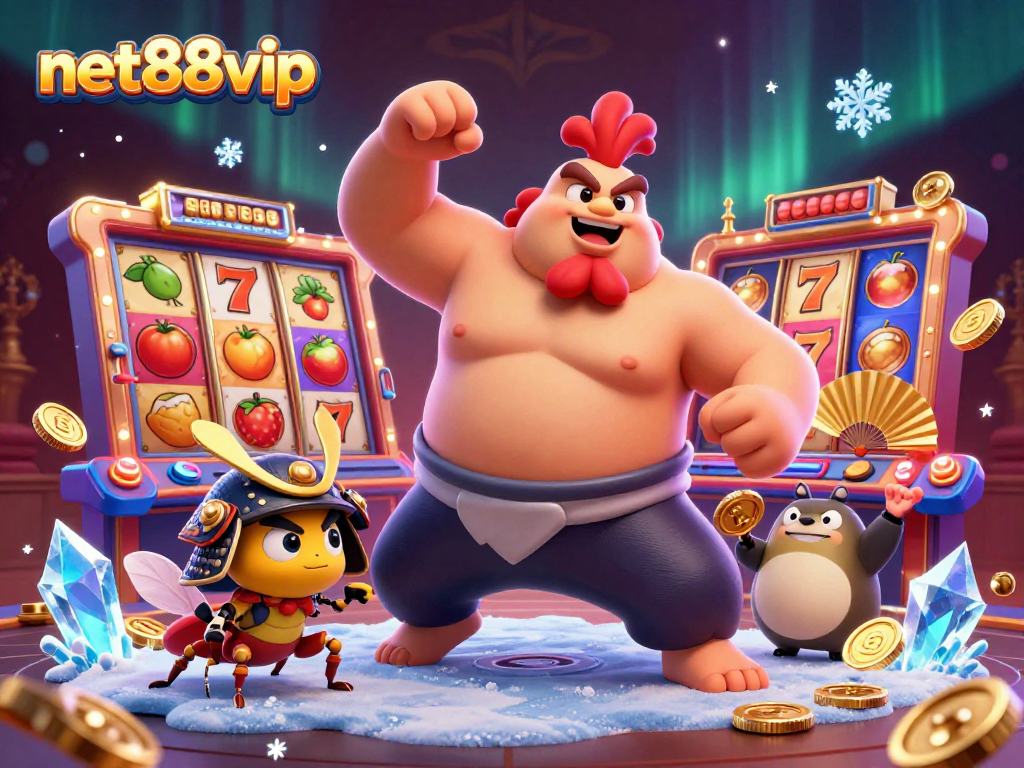 Join the excitement of net88vip with a dynamic casino scene featuring iconic characters and slot reels.
