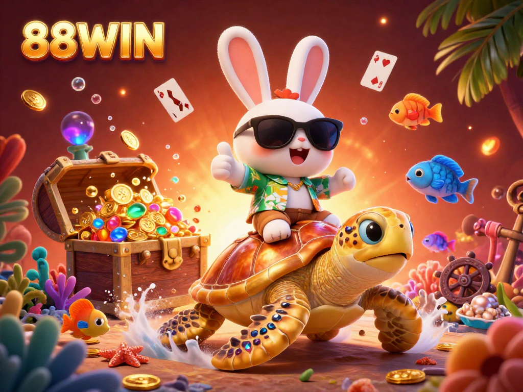 Engage with 88WIN's vibrant world through a joyful scene showcasing a lucky rabbit and turtle amidst casino treasures.