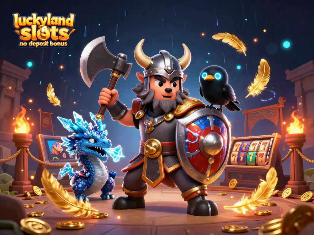 Engage with the luckyland slots no deposit bonus through an epic 3D illustration featuring a Viking wolf warrior and dragon.