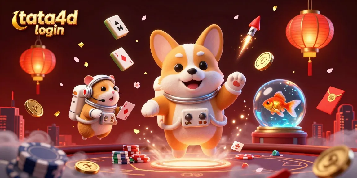 Engage with the tata4d login scene featuring vibrant floating poker elements and characters in a dynamic casino atmosphere.