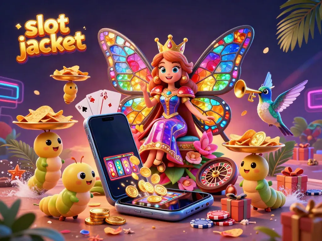 Engaging slot jackpot 3D scene with vibrant characters, including a butterfly queen and gaming elements.