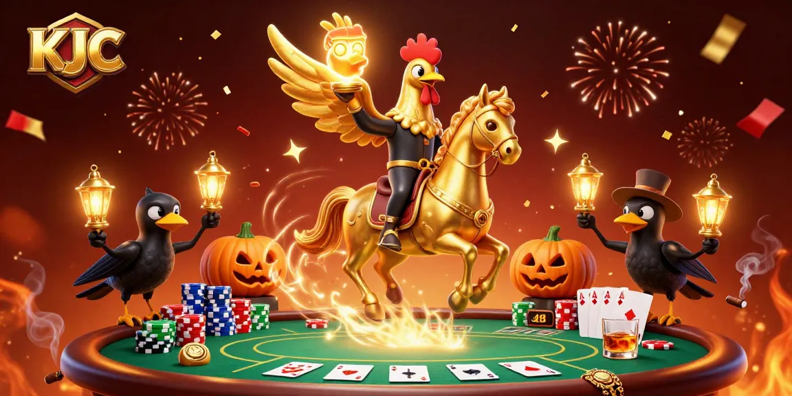 KJC's vibrant scene showcases a golden rooster headless horseman in a spectacular casino atmosphere animated with poker elements.