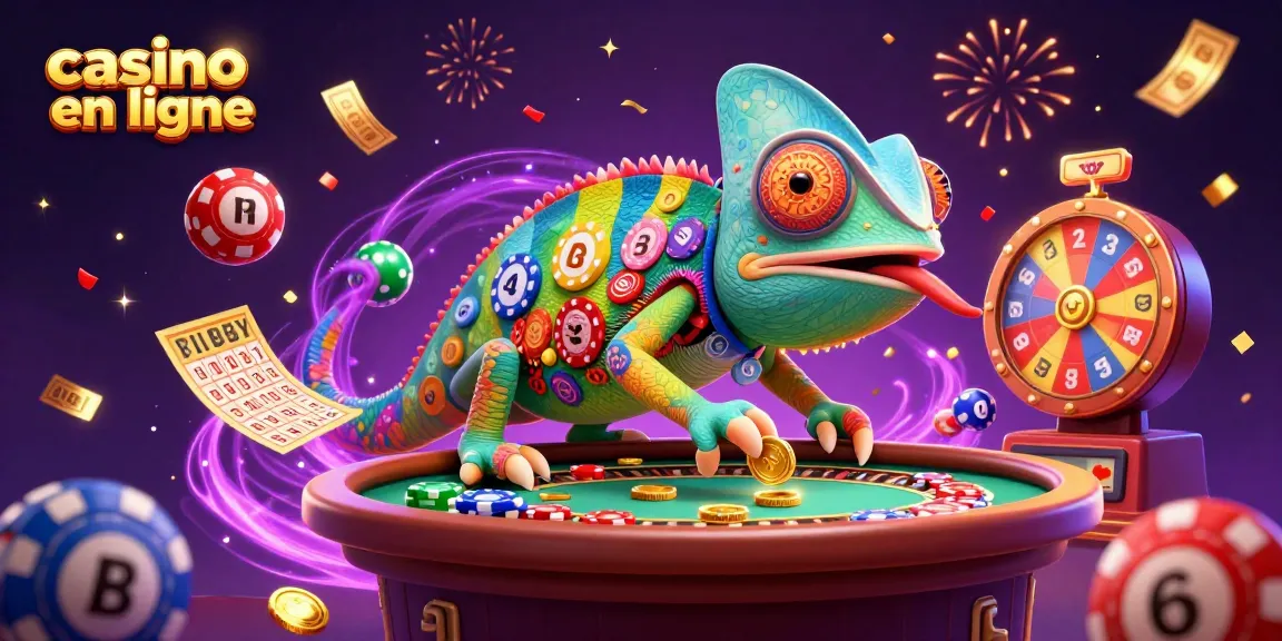 Illustration 3D dynamique représentant un chameleon casino en ligne captivant collectionnant des pièces d'or.