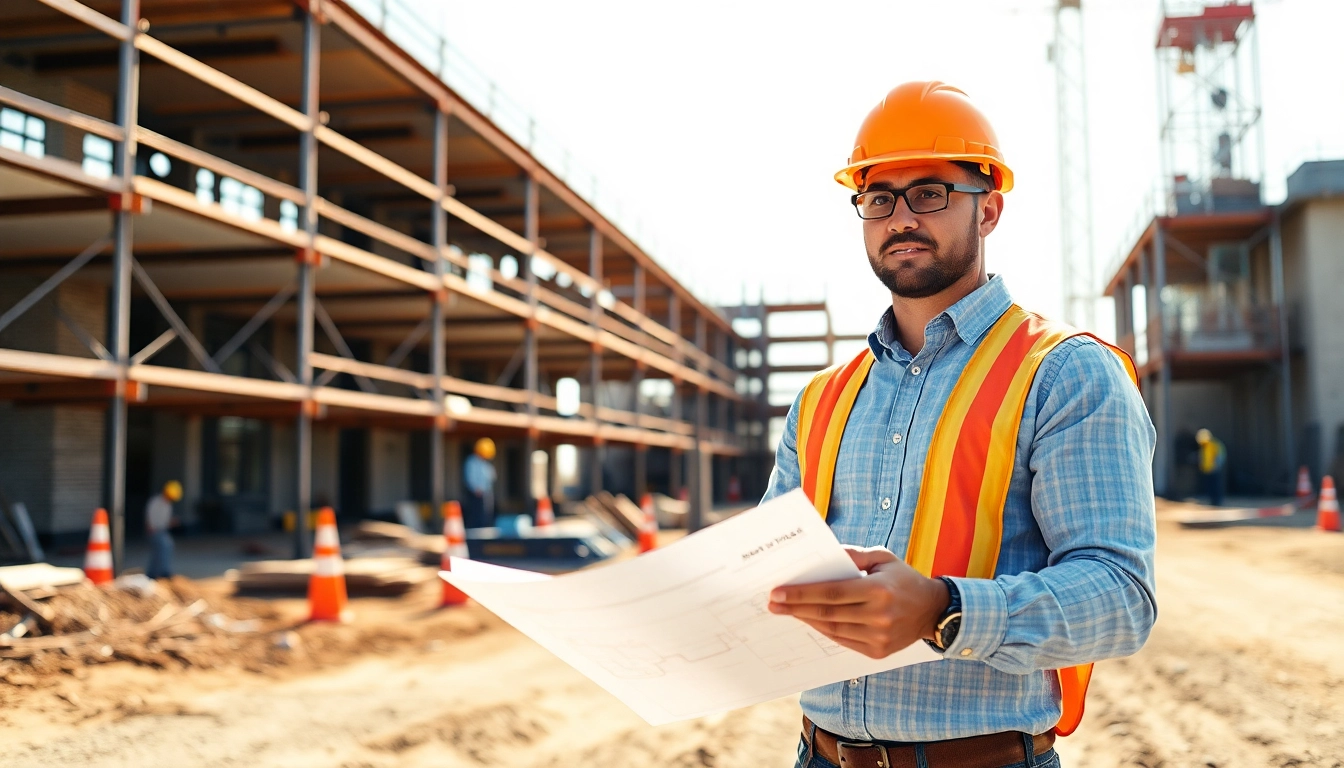 Engaged New Jersey Construction Manager directing a construction site with blueprints and workers.