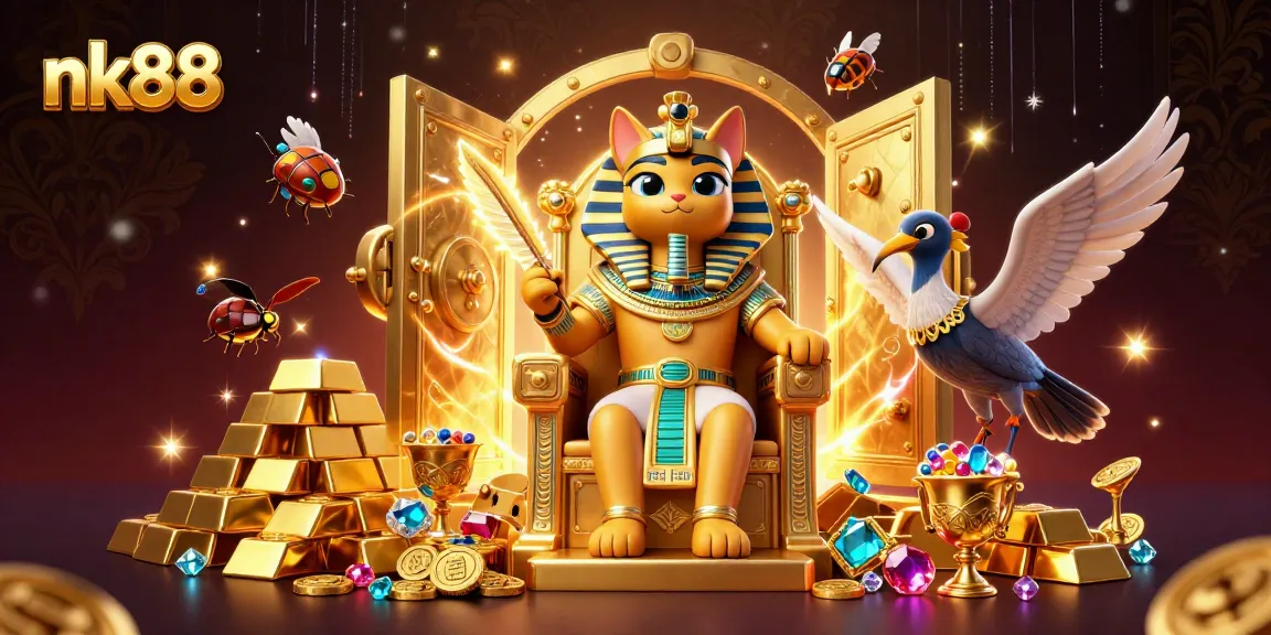 Experience the vibrant nk88 gaming scene with a pharaoh-inspired illustration filled with treasures.