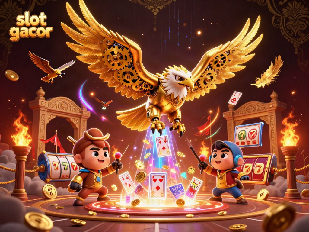 Engage with the vibrant slot gacor gaming experience, where golden eagles and holographic cards collide in a dynamic casino scene.