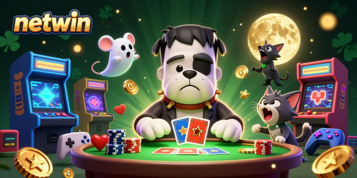 Experience thrilling gameplay at netwin with a cartoon Frankenstein bulldog dealing cards and more.
