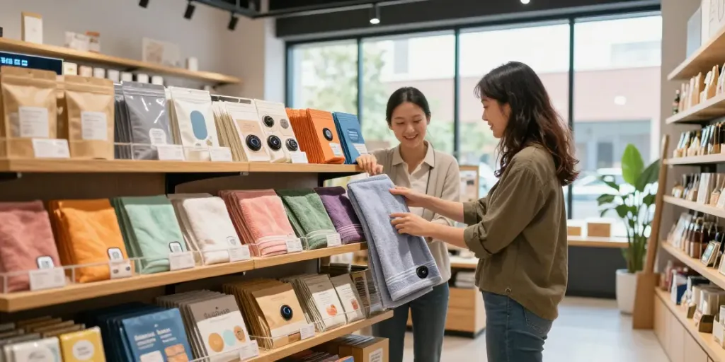 Shopsmart eco-friendly product display in a vibrant retail space.