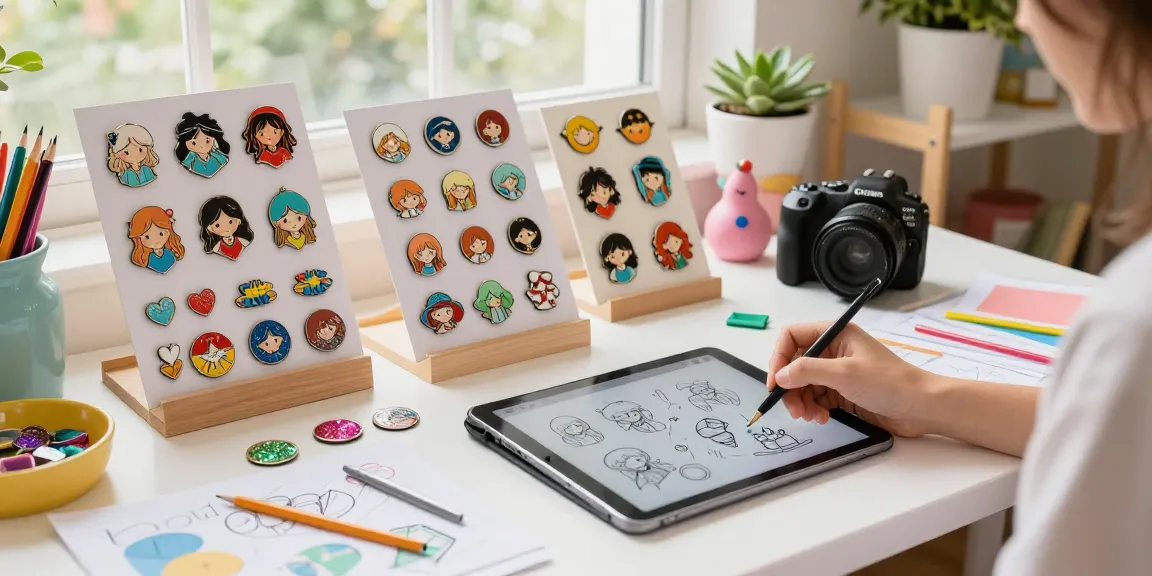Creative workspace showcasing custom pins design with vibrant colours and materials, highlighting the artistry behind custom merchandise.