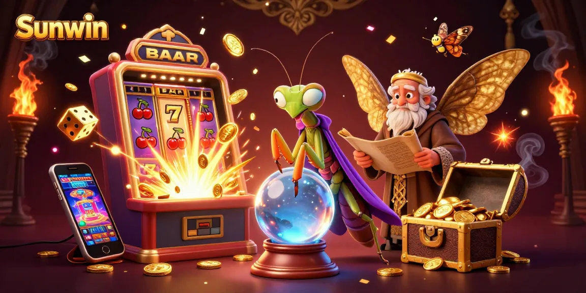 Sunwin players engage with magical slot machines amid fantasy characters and jackpot excitement in a vibrant casino scene.