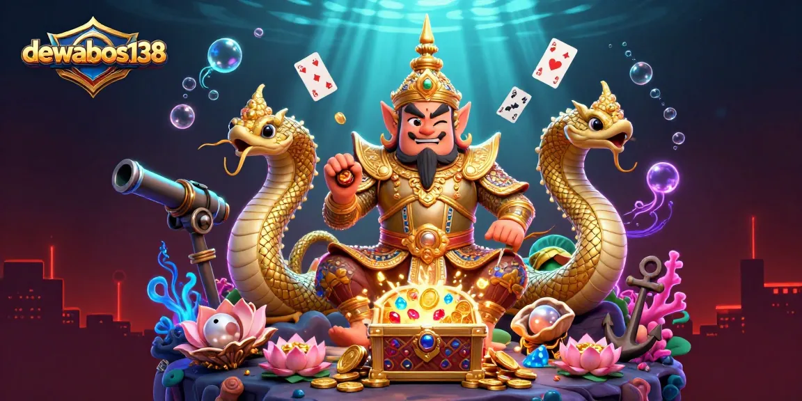 Experience the excitement of dewabos138 with vibrant casino-themed guardians surrounded by treasures.