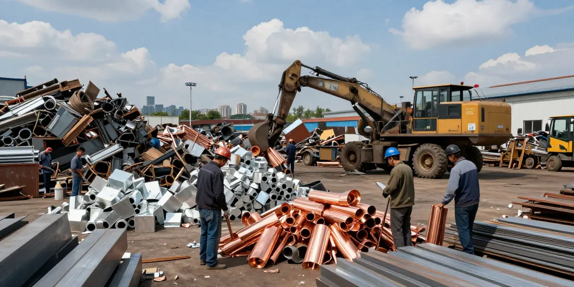 Tempat jual Mercury Scrap Metal For Sale di https://www.scrapsolutionplace.com/ dengan pekerja meninjau logam bekas berkualitas.
