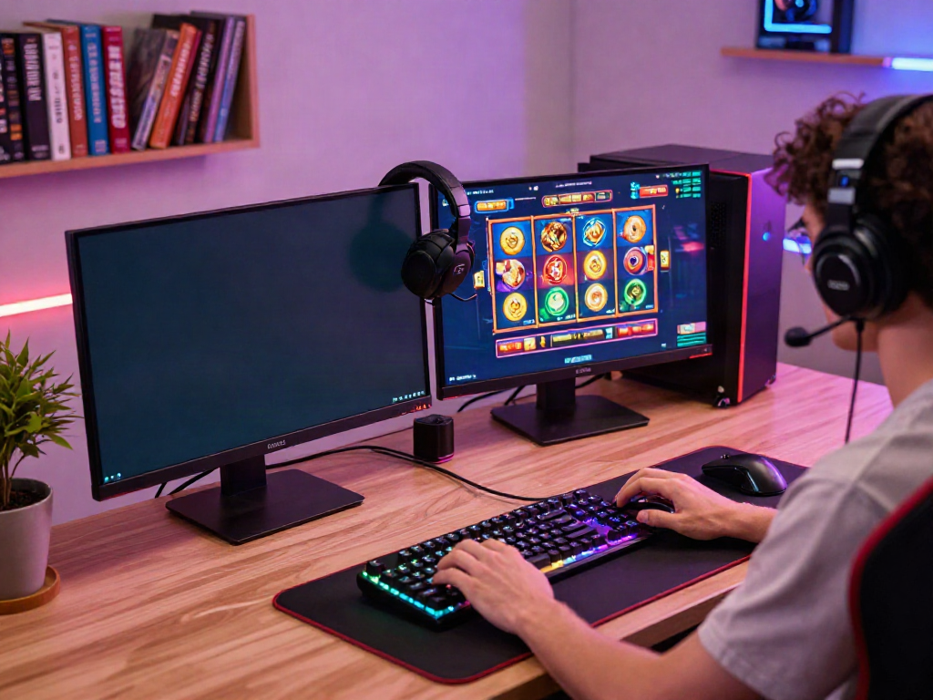 Immerse in the excitement of slot gacor games with a gamer at a modern desk, showcasing a high-resolution screen and vibrant gaming accessories.