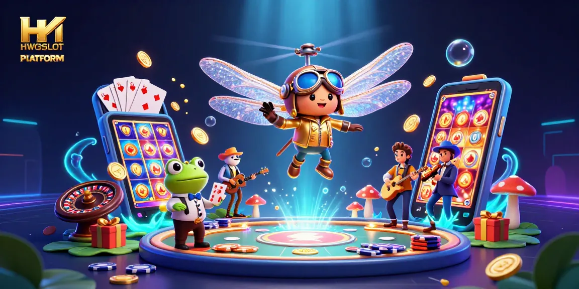 Experience the thrilling environment of HWGSLOT PLATFORM immersively with a lively 3D casino scene featuring a dragonfly pilot, frog croupier, and musical crickets.