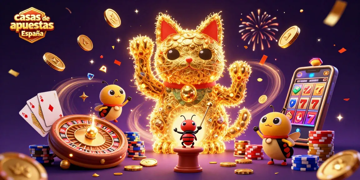 Apuesta en las mejores casas de apuestas España con símbolos de casino y una atmósfera festiva.