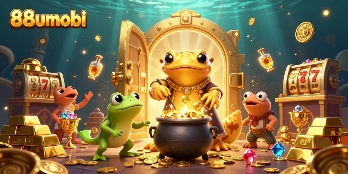 Engage with 88uumobi's immersive casino experience, showcasing slot reels and gold treasures.