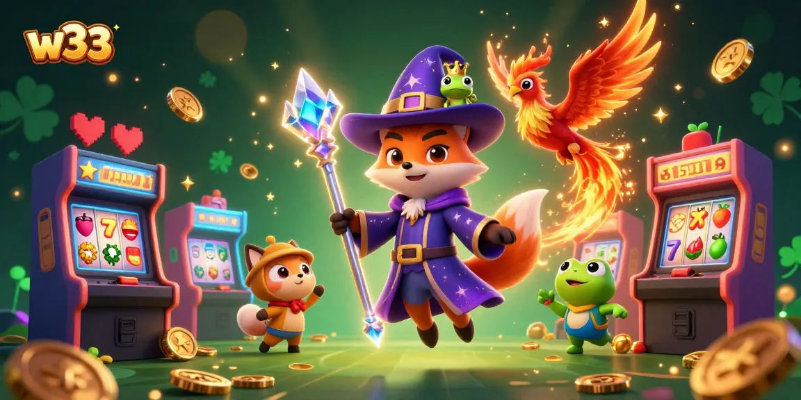 Spin to win with w33 pokie games in an enchanted 3D casino scene filled with vibrant action.