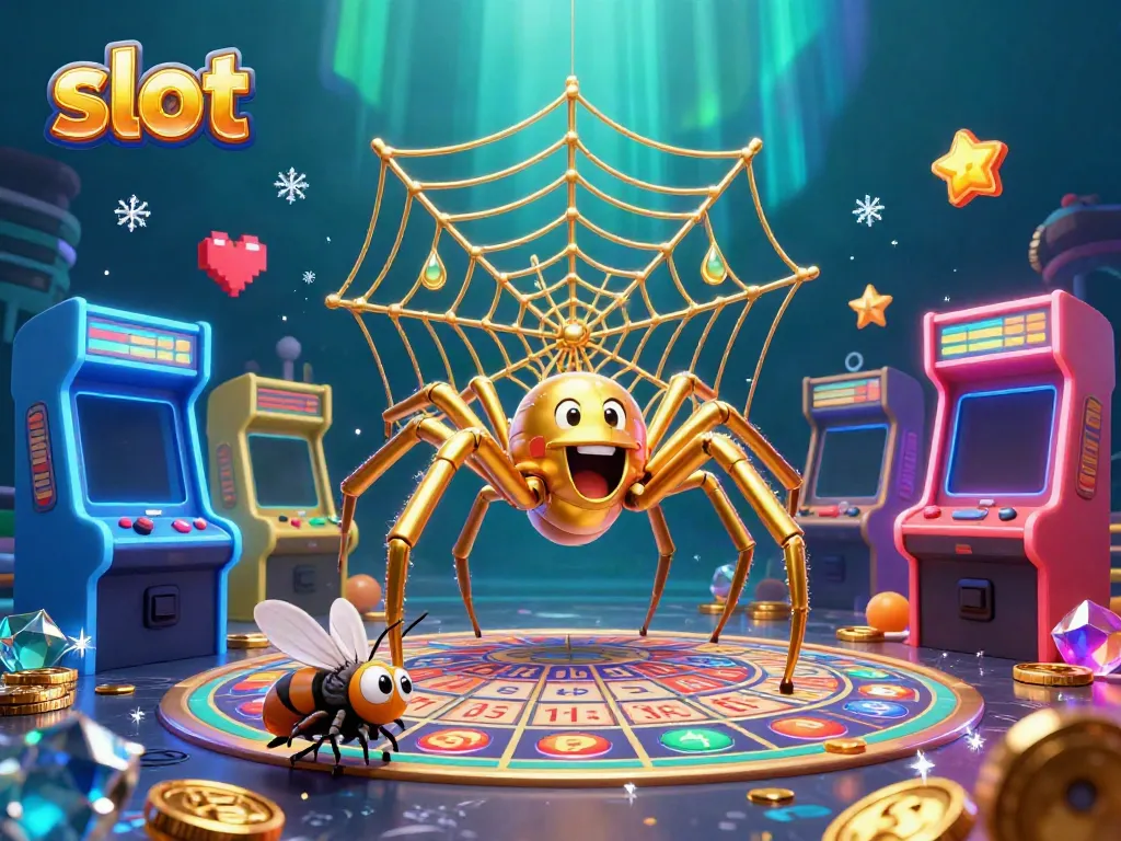 Experience the thrill of slots as illustrated with a golden spider and a betting fly in a vibrant casino scene.