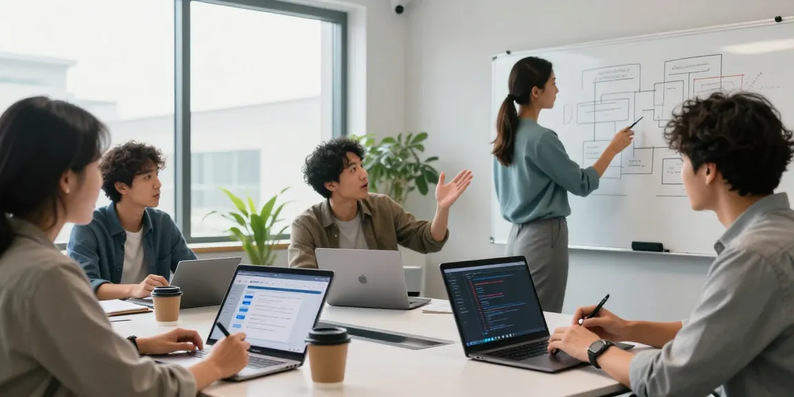 Team collaborating to build internal tools with AI in a modern workspace.