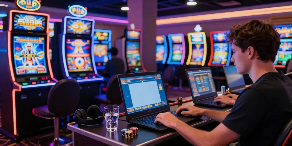 Engaged player enjoying PG SLOT games on a laptop amidst colorful slot machines.