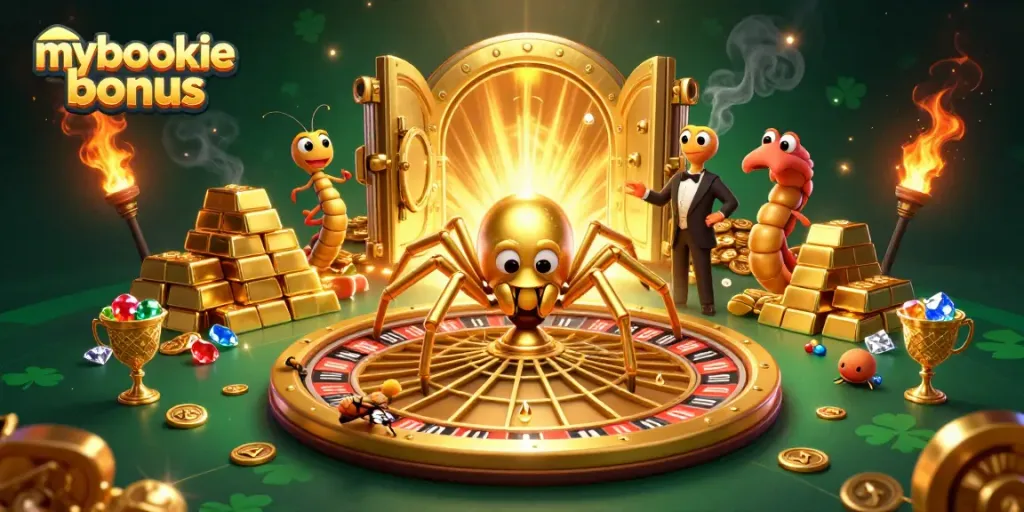 Experience exciting spins with mybookie bonus while a golden spider spins a roulette web.