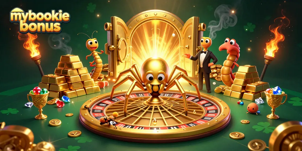 Experience exciting spins with mybookie bonus while a golden spider spins a roulette web.