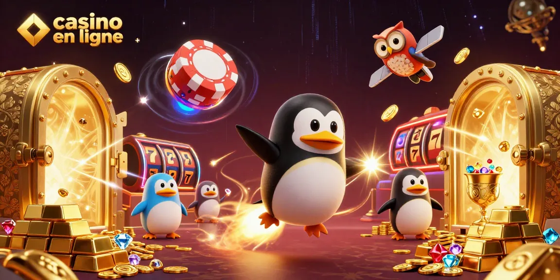 Une illustration animée illustrant un casino en ligne où un pingouin doré propulsé par une fusée contraste avec l'énergie des jeux.