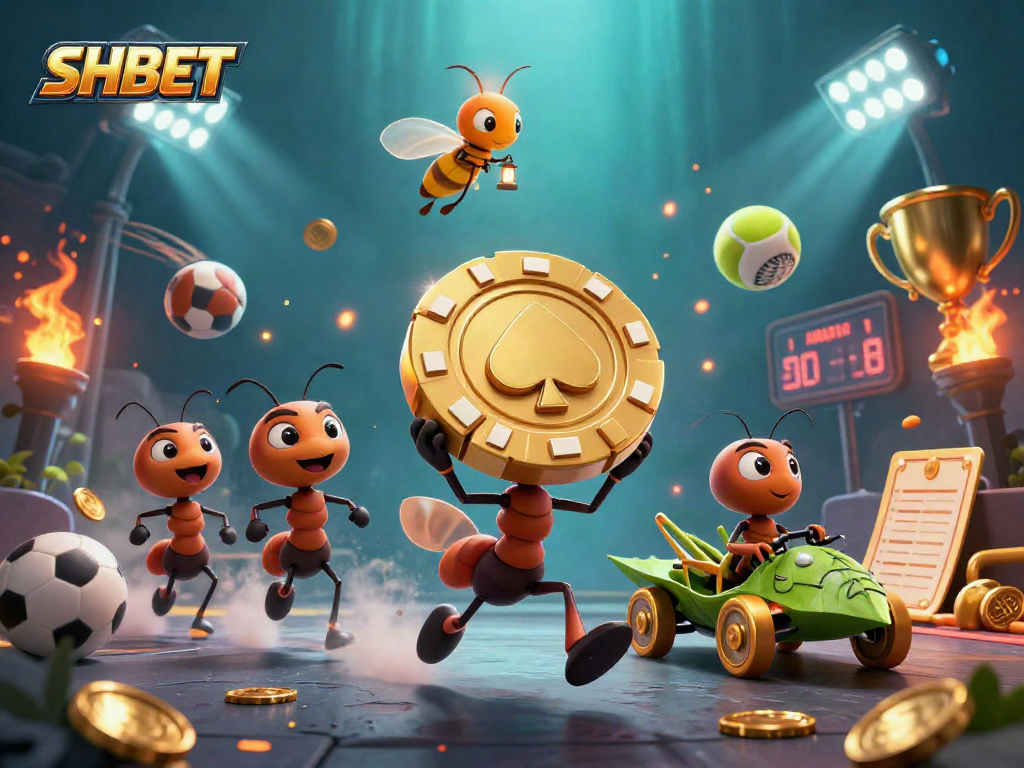 SHBET ants heist with golden poker chip in a dynamic sports-themed 3D scene full of action