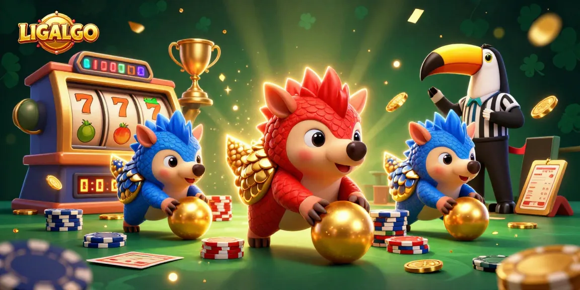 LIGALGO showcases a vibrant 3D scene with rival pangolins competing amidst slot reels and gold coins.