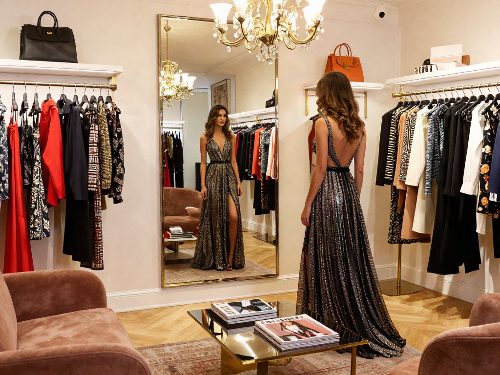 Model mencoba gaun desainer di butik mewah luxury111 dengan suasana glamor.