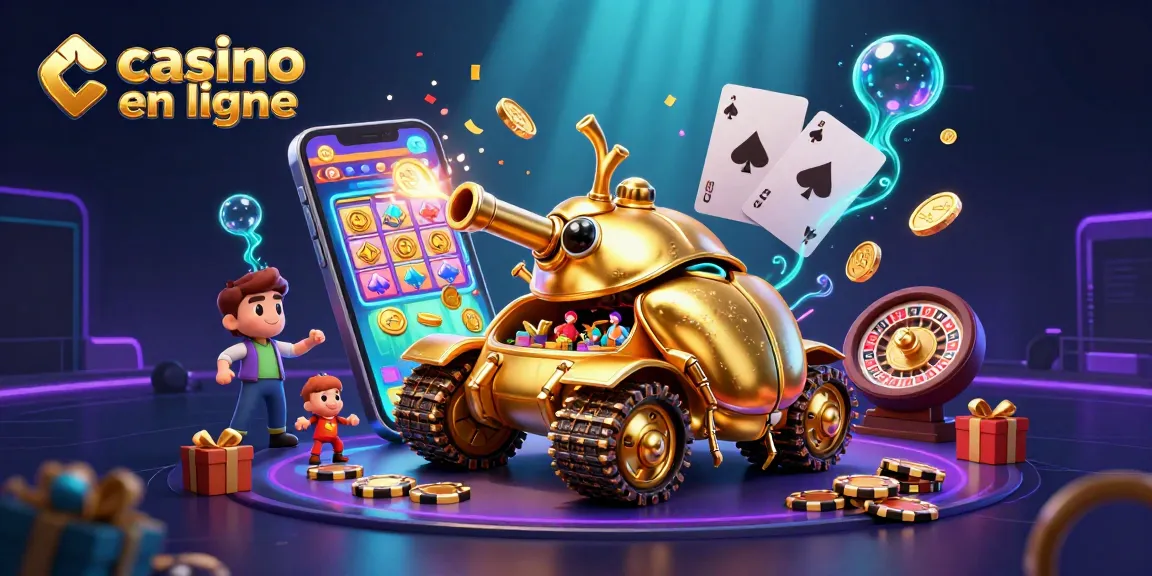 Illustration 3D d'un tank en or massif, un casino miniature à l'intérieur, et une expérience de casino en ligne animée.