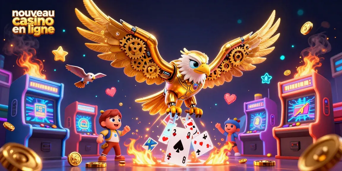 Plongez dans l'univers fascinant d'un nouveau casino en ligne avec un aigle cybernétique et des éléments de jeu vibrants.