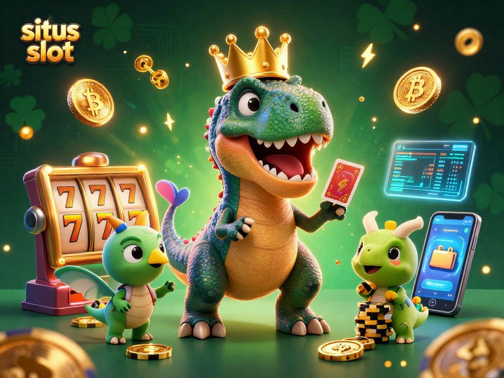 Mainkan situs slot dengan karakter lucu seperti T-Rex dan teknologi blockchain di latar belakang.